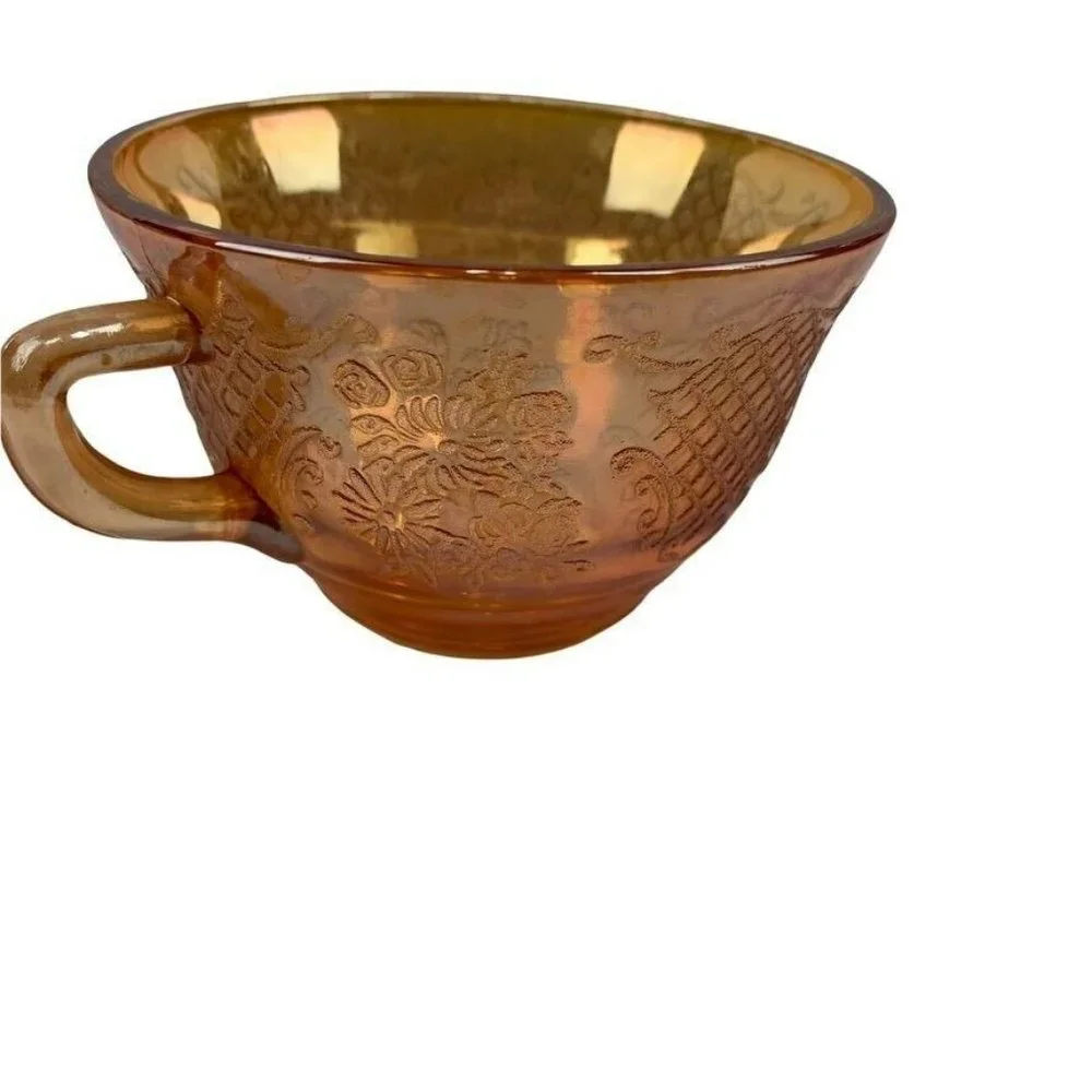 Vintage Iridescent Orange Pressed Glass Teacups Set of 4 Floral 7 oz Cottagecore